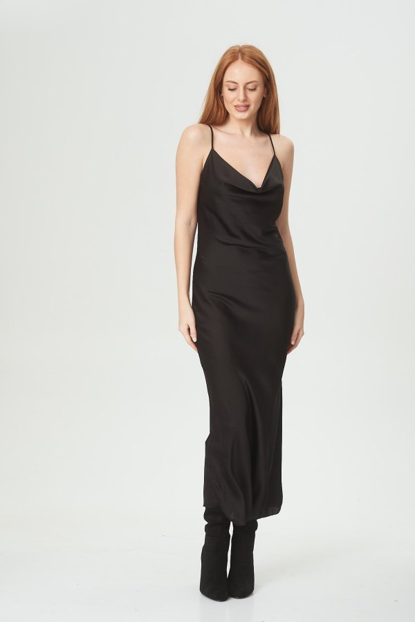 Φόρεμα σατέν με σκίσιμο - ΜΑΥΡΟ, One Size
